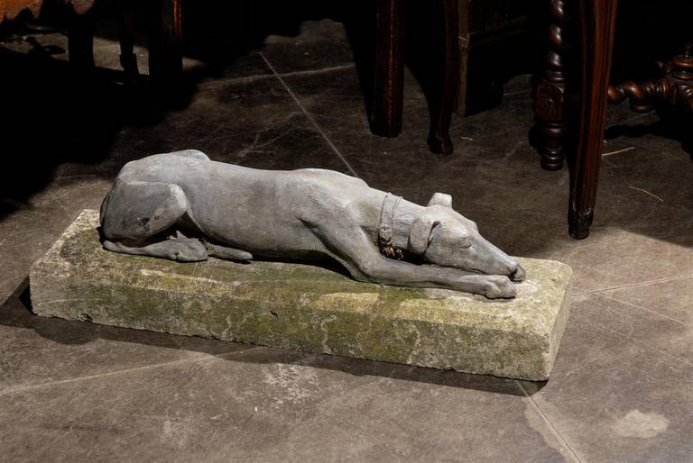 Pair of English Lead Reclining Greyhounds Dogs on Stone Base, Mid-20th Century 2
