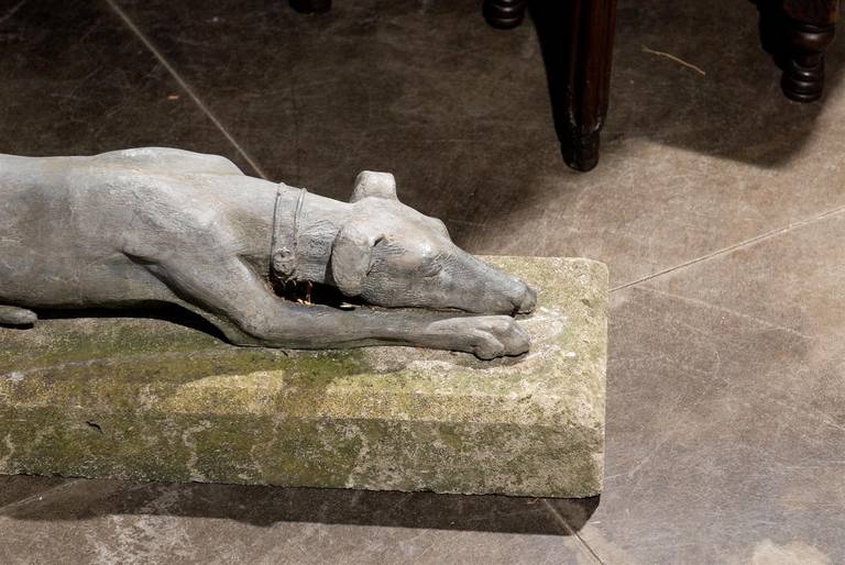 Pair of English Lead Reclining Greyhounds Dogs on Stone Base, Mid-20th Century In Good Condition In Atlanta, GA