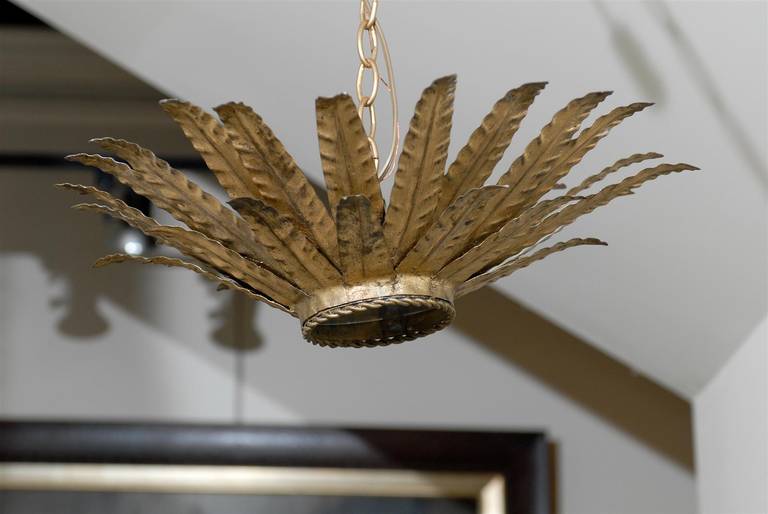 Mid-Century Modern Vintage Spanish Gilt Metal Light Fixture with Layered Leaves and Mirrored Glass