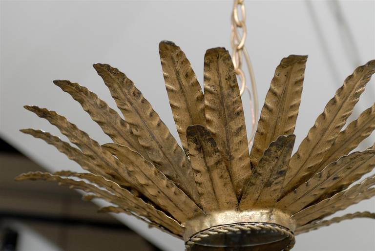 Vintage Spanish Gilt Metal Light Fixture with Layered Leaves and Mirrored Glass 1
