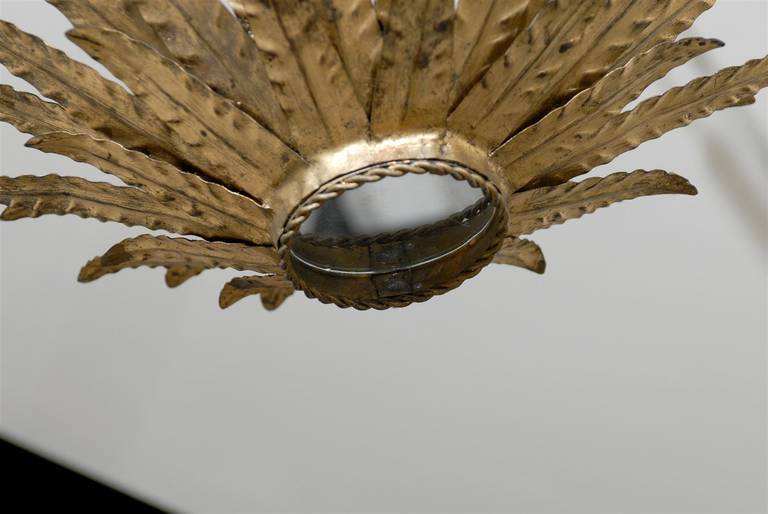 Vintage Spanish Gilt Metal Light Fixture with Layered Leaves and Mirrored Glass 2