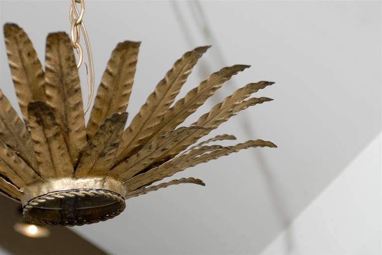Vintage Spanish Gilt Metal Light Fixture with Layered Leaves and Mirrored Glass In Good Condition In Atlanta, GA