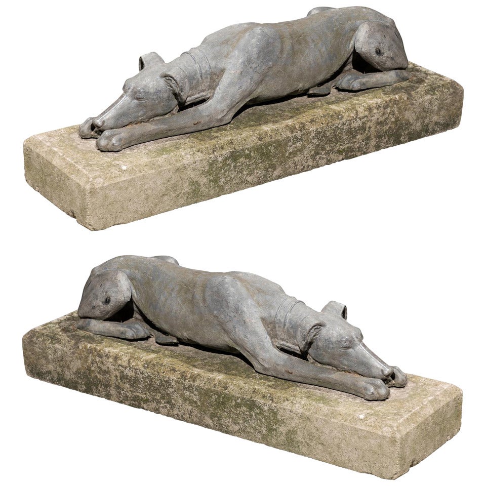 Pair of English Lead Reclining Greyhounds Dogs on Stone Base, Mid-20th Century