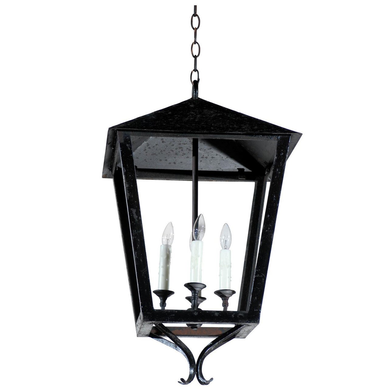 French Vintage Black Iron Four-Light Lantern with Triangular Top and Scrolls