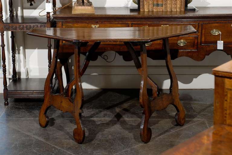 Italian 19th Century Walnut Demilune Console Table with Lyre Shaped Legs For Sale 5