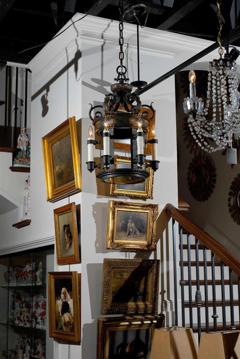 Farol francés de bronce de seis luces con decoración de follaje de principios de siglo Francés en venta
