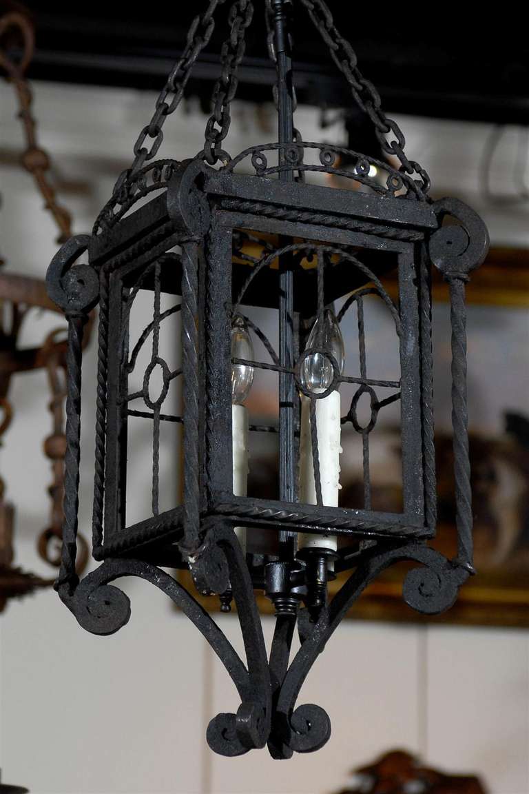 20th Century Small French Iron Three-Light Lantern-Style Chandelier from the 1930s