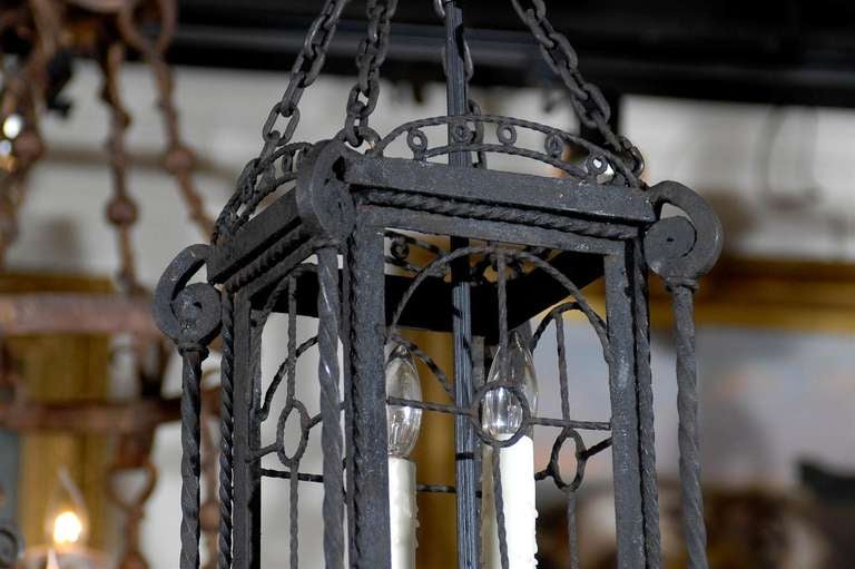 Small French Iron Three-Light Lantern-Style Chandelier from the 1930s 2