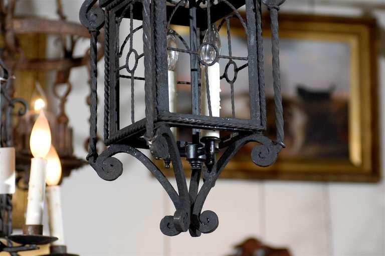 Small French Iron Three-Light Lantern-Style Chandelier from the 1930s In Good Condition In Atlanta, GA
