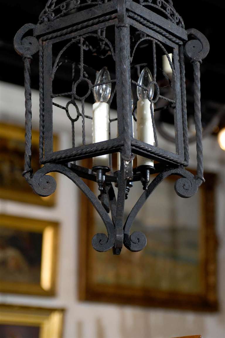 Small French Iron Three-Light Lantern-Style Chandelier from the 1930s 4