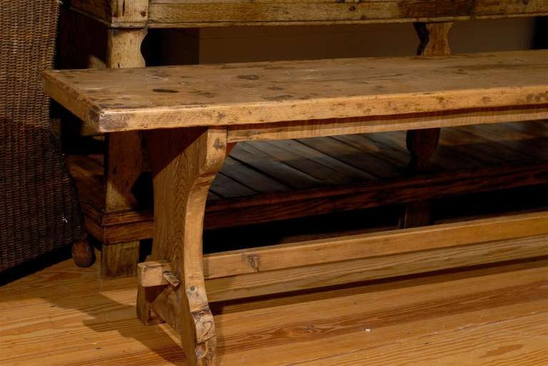 French Long Pine Bench with X-Form Legs and Stretcher from Early 20th Century 1
