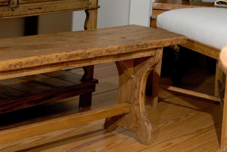 French Long Pine Bench with X-Form Legs and Stretcher from Early 20th Century 2