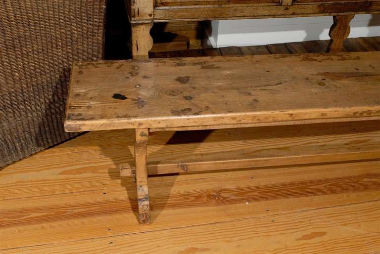French Long Pine Bench with X-Form Legs and Stretcher from Early 20th Century 3