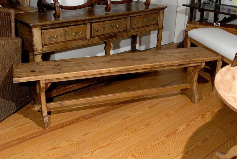 French Long Pine Bench with X-Form Legs and Stretcher from Early 20th Century In Good Condition In Atlanta, GA