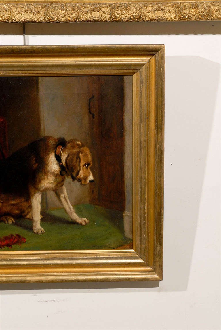19th Century, English Dog Oil on Canvas Painting after Landseer’s 'Suspense' In Good Condition In Atlanta, GA