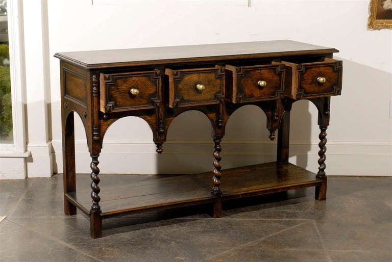 19th Century English 1880 Renaissance Revival Server with Four Drawers and Barley Twist Legs
