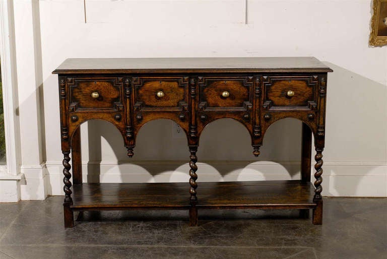Carved English 1880 Renaissance Revival Server with Four Drawers and Barley Twist Legs