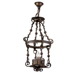 French Iron Single Light Lantern with Scrolling Foliage Decor from the 1930s