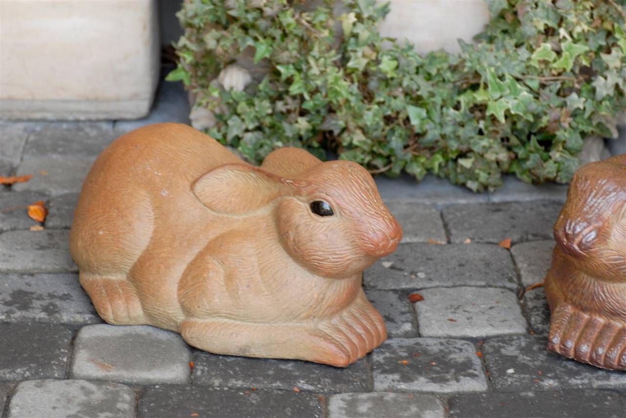 Pair of Large Painted Terracotta Rabbit Sculptures, 20th Century, English In Good Condition For Sale In Atlanta, GA