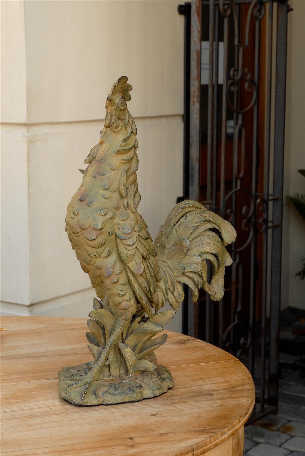 French Rooster Sculpture with Green & Black Accents from the Mid-20th Century For Sale 1