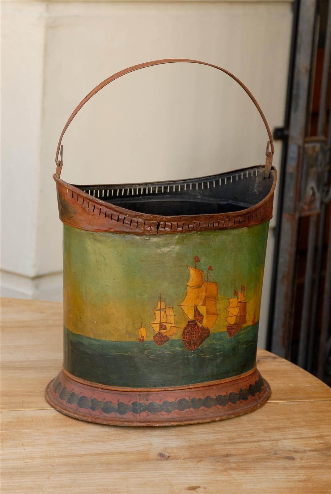 English Late 19th Century Painted Tole Bucket with Two-Masted Ships Depiction 1