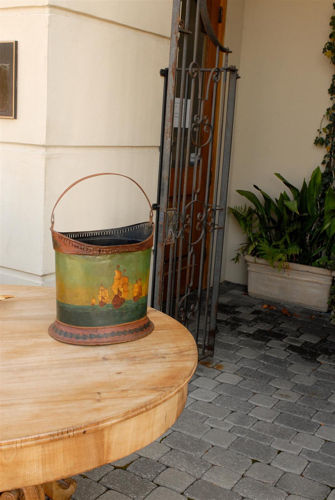 English Late 19th Century Painted Tole Bucket with Two-Masted Ships Depiction In Good Condition In Atlanta, GA