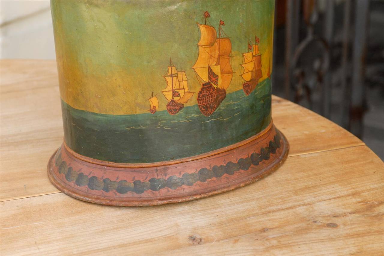 English Late 19th Century Painted Tole Bucket with Two-Masted Ships Depiction 6