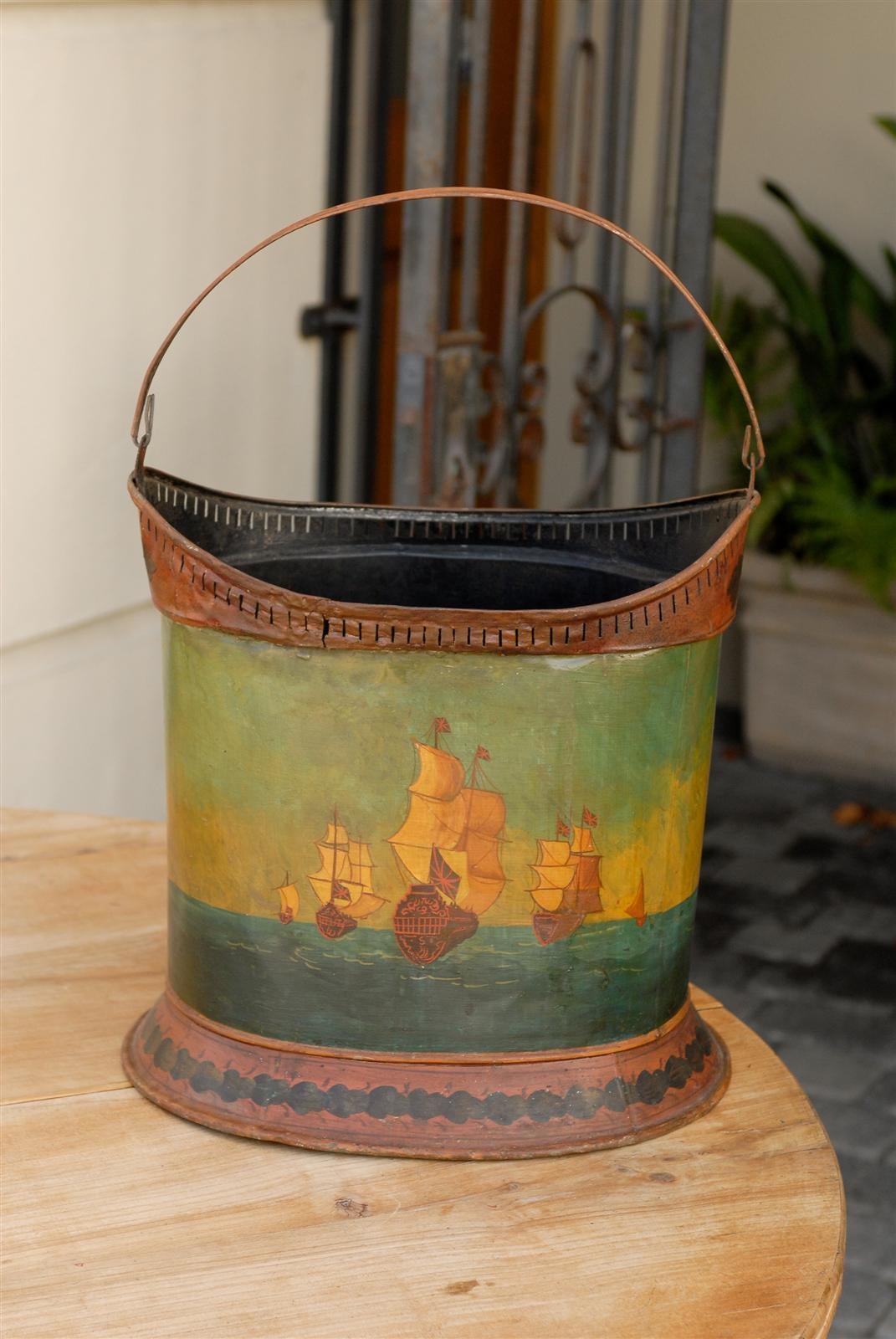 Tôle English Late 19th Century Painted Tole Bucket with Two-Masted Ships Depiction