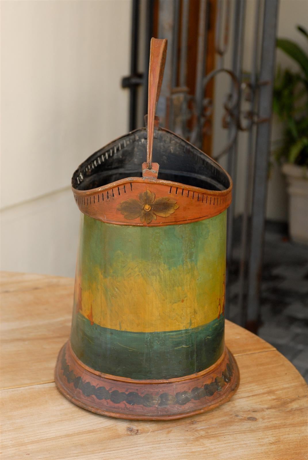 English Late 19th Century Painted Tole Bucket with Two-Masted Ships Depiction 2