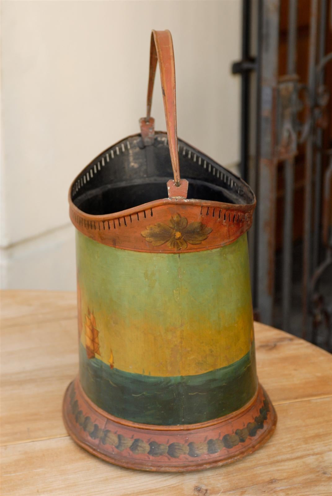 English Late 19th Century Painted Tole Bucket with Two-Masted Ships Depiction 3