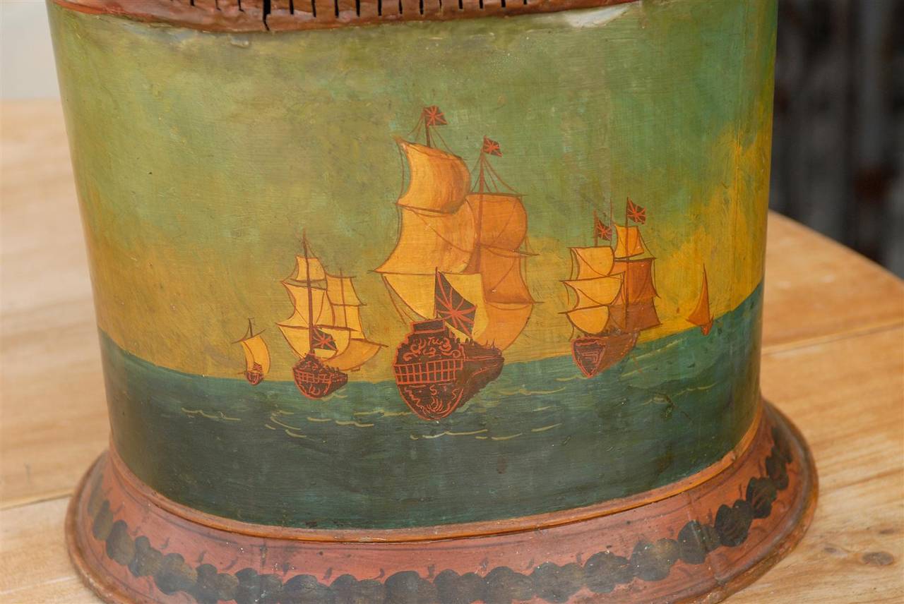 English Late 19th Century Painted Tole Bucket with Two-Masted Ships Depiction 5