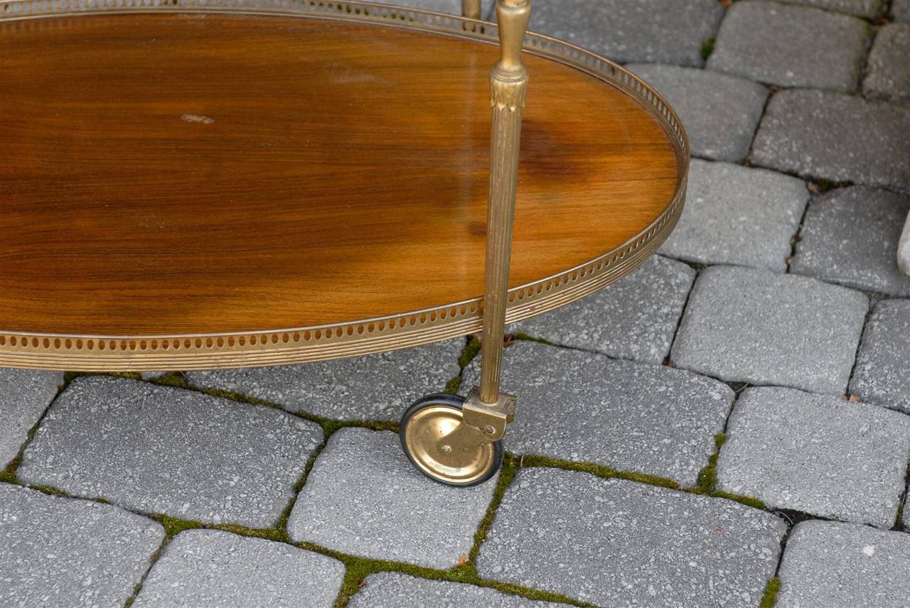 Vintage Italian Midcentury Oval Mahogany and Brass Trolley with Pierced Gallery For Sale 5