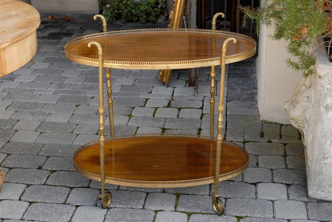 Vintage Italian Midcentury Oval Mahogany and Brass Trolley with Pierced Gallery For Sale 4