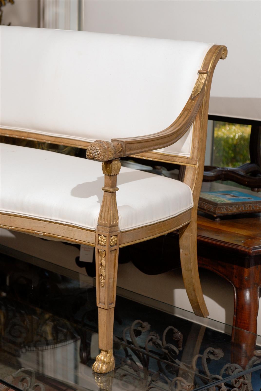 Gilt Turn of the Century Italian Upholstered Wooden Settee with Scrolled Back