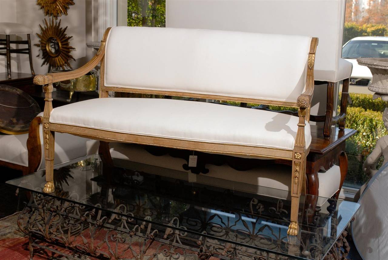 Turn of the Century Italian Upholstered Wooden Settee with Scrolled Back 2