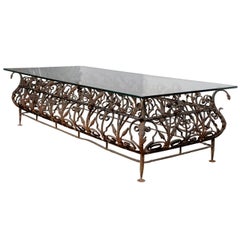 Antique Austrian Mid-19th Century Large Size Wrought Iron and Glass Top Coffee Table