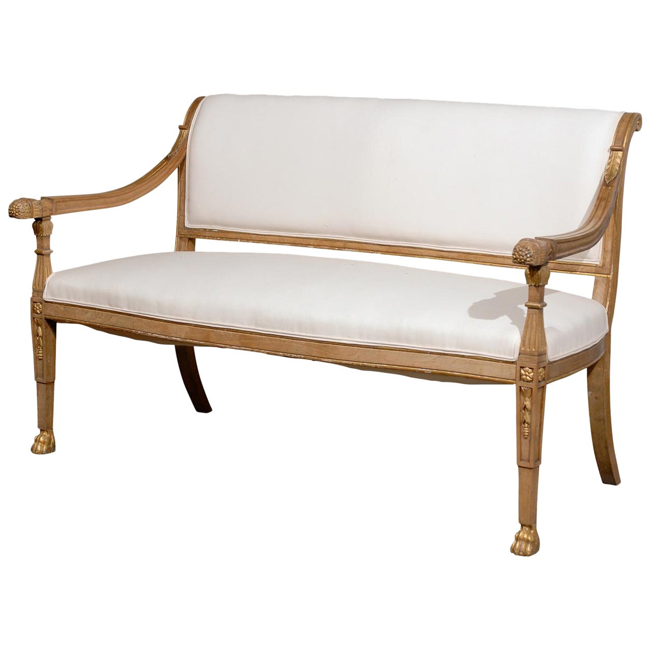 Turn of the Century Italian Upholstered Wooden Settee with Scrolled Back