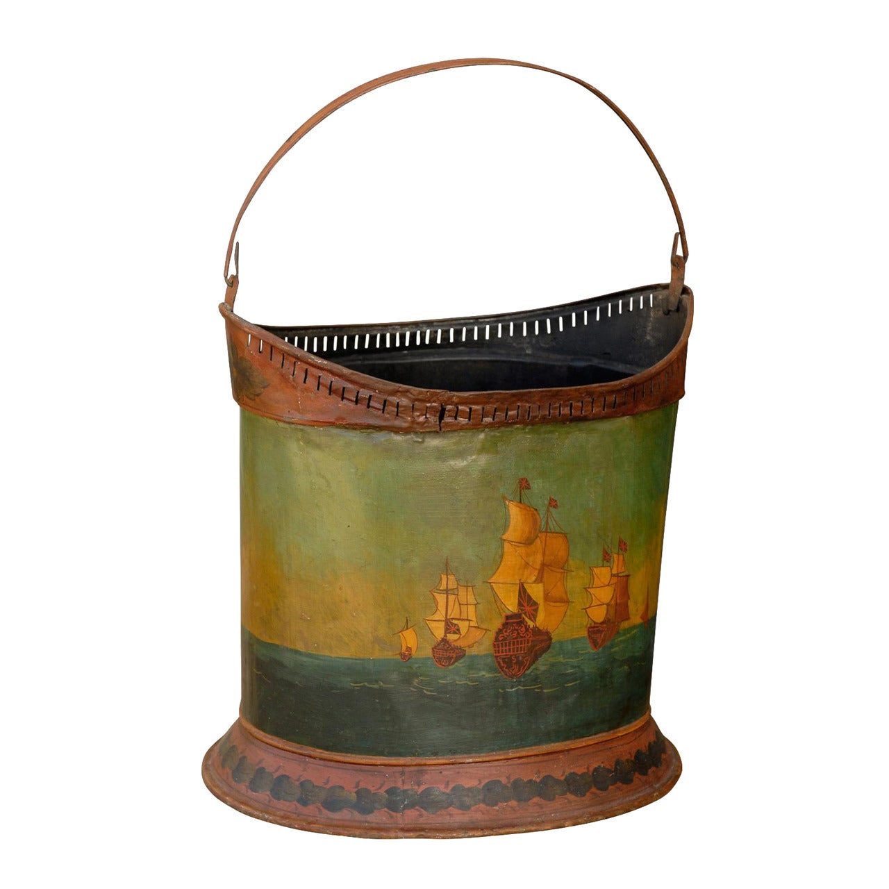 English Late 19th Century Painted Tole Bucket with Two-Masted Ships Depiction