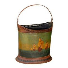 Antique English Late 19th Century Painted Tole Bucket with Two-Masted Ships Depiction