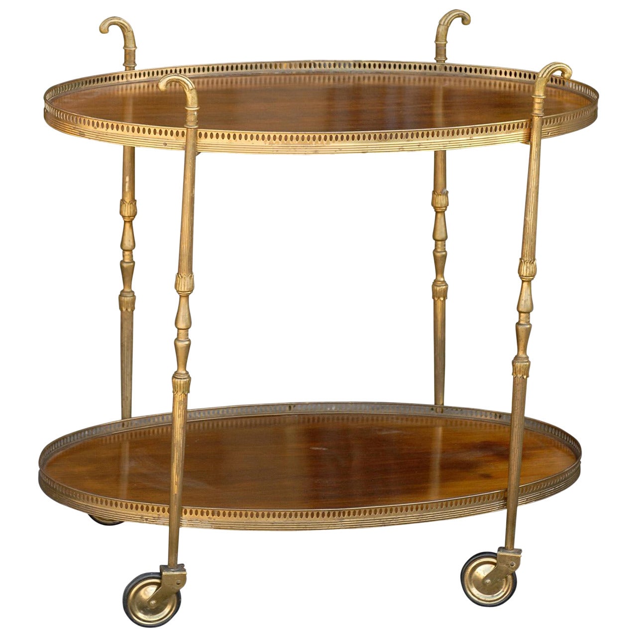 Vintage Italian Midcentury Oval Mahogany and Brass Trolley with Pierced Gallery For Sale