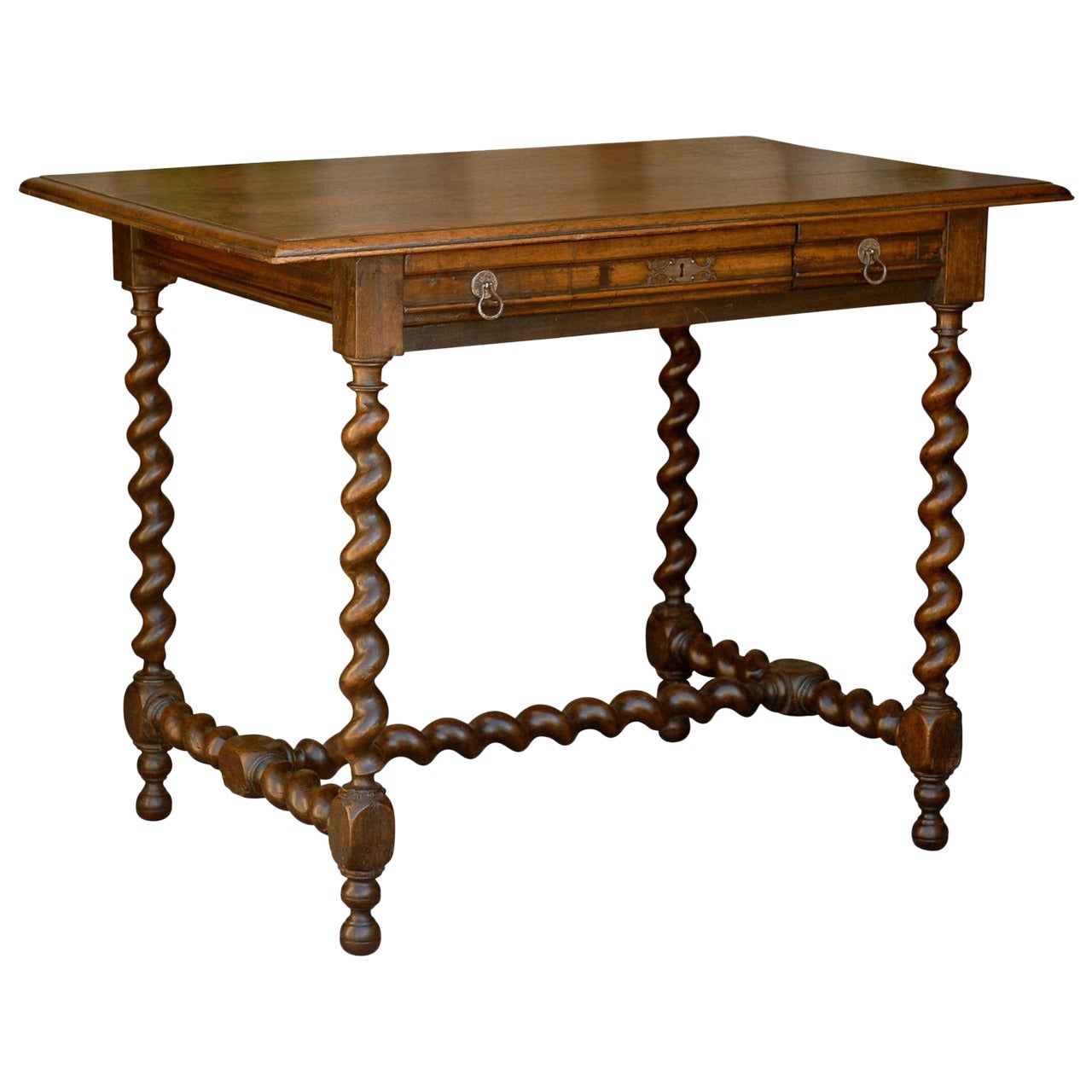 English 1870s Wooden Side Table with One Drawer, Barley Twist Legs and Stretcher