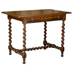 English 1870s Wooden Side Table with One Drawer, Barley Twist Legs and Stretcher