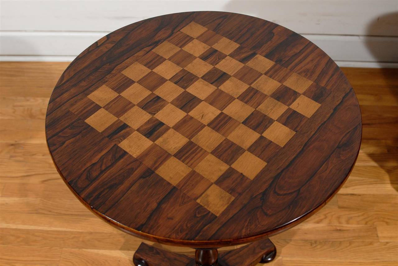English 1870s Rosewood Pedestal Gueridon Games Table with Checkerboard Inlay 1