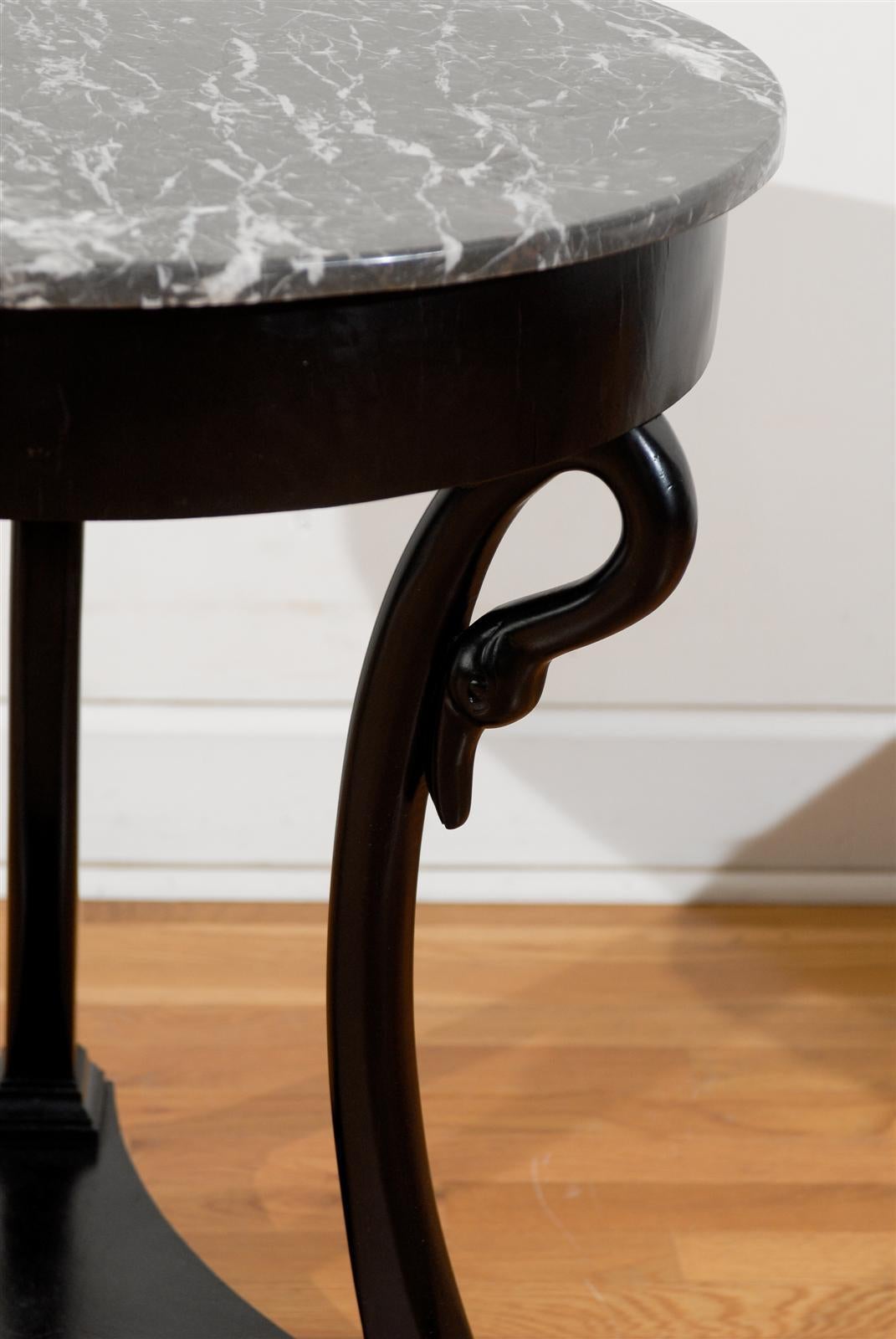 Marble French Directoire Style 1880s Guéridon Table of Ebonized Wood with Swan Motifs For Sale