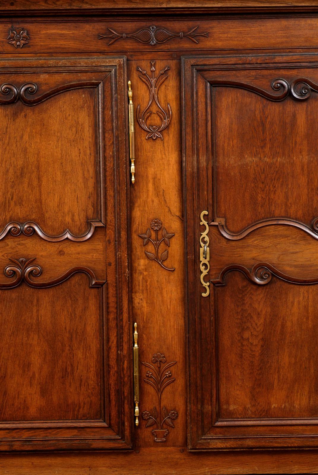 Wood French Restauration Period 1820s Large Two-Part Cabinet with Carved Doors