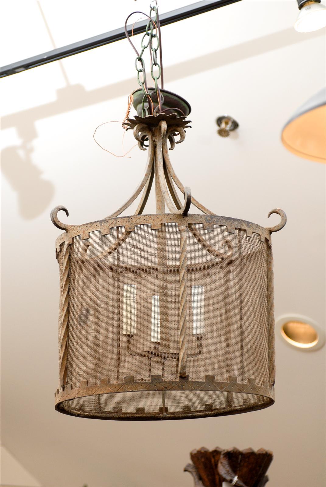 French Iron Drum Three-Light Fixture with Screen Surround from the 1930s