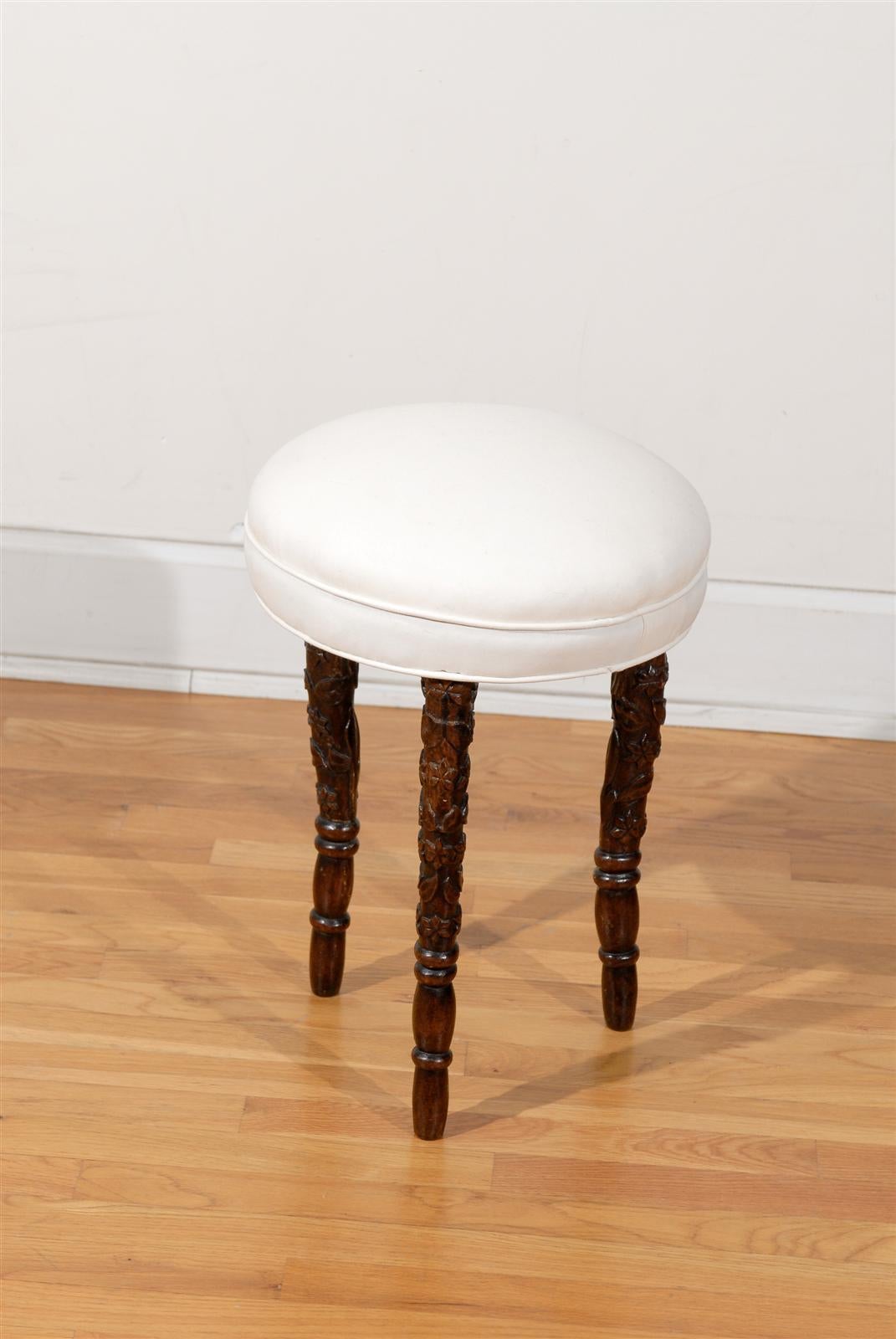 Upholstery Black Forest German 1880s Single Stool with Upholstered Seat and Carved Legs