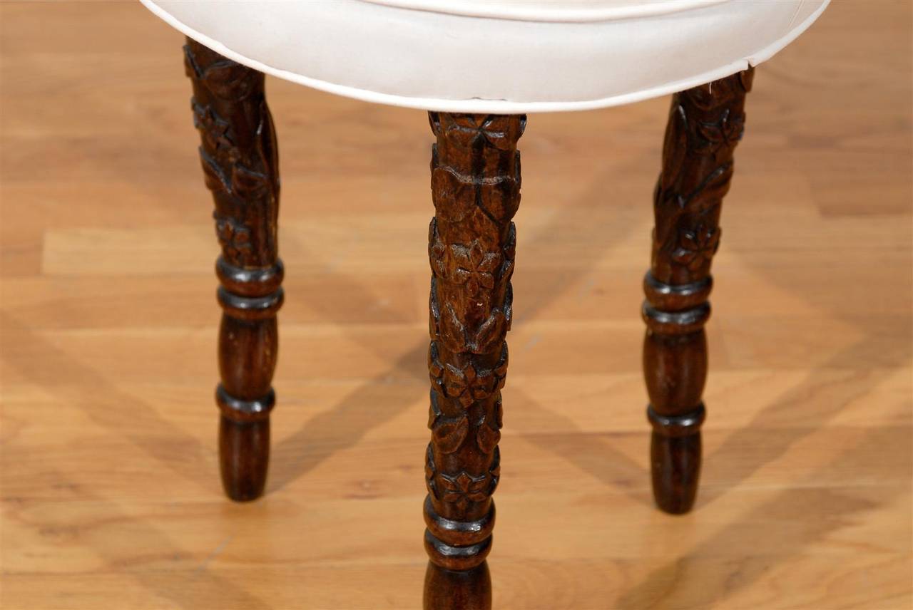 Black Forest German 1880s Single Stool with Upholstered Seat and Carved Legs 1