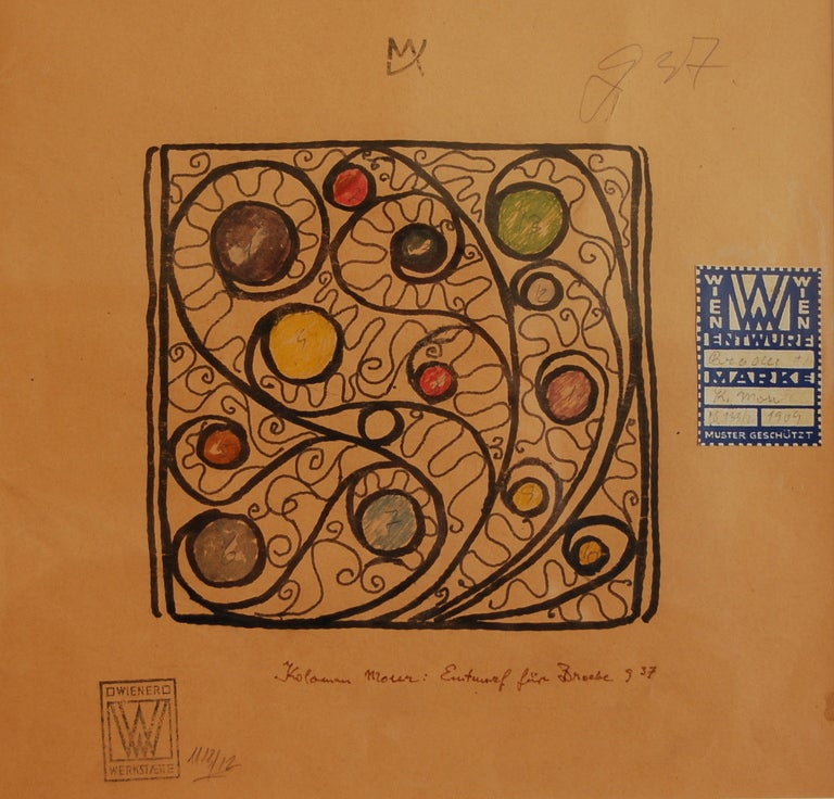 Primalry drawing for a brooch by Wiener Werksatte co-founder Koloman Moser (1868-1918). Ink and watercolor on paper dated 1909 with both an ink stamp and the Werkstatte paper stamp as well as signed by Koloman Moser. Frame size 13.5