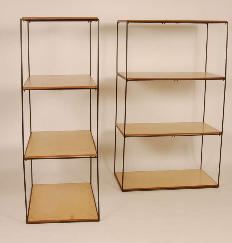 Modernist iron and birch wood shelves with an mahogany trim. Great for displaying larger pieces or for hi-fi components.